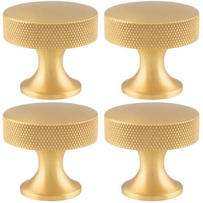 4 PACK - Knurled Flared Stem Cabinet Door Knob - 38mm Satin Brass Cupboard Pull Handle