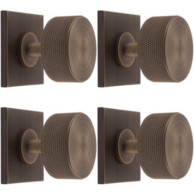 4 PACK - Knurled Radio Cabinet Door Knob & Matching Backplate - Antique Brass 40 x 40mm