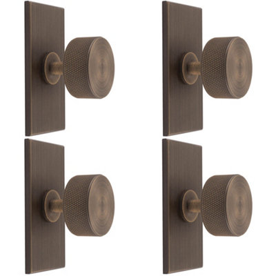 4 PACK - Knurled Radio Cabinet Door Knob & Matching Backplate - Antique Brass 76 x 40mm