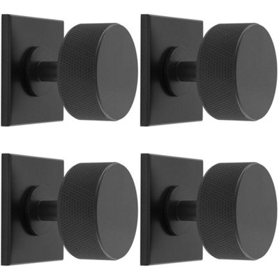 4 PACK - Knurled Radio Cabinet Door Knob & Matching Backplate - Matt Black 40 x 40mm