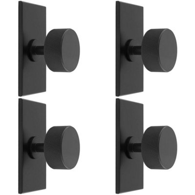 4 PACK - Knurled Radio Cabinet Door Knob & Matching Backplate - Matt Black 76 x 40mm