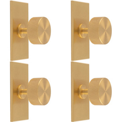 4 PACK - Knurled Radio Cabinet Door Knob & Matching Backplate - Satin Brass 76 x 40mm
