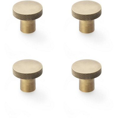 4 PACK - Knurled Round Radio Cupboard Door Knob - 30mm Diameter Antique Brass Pull Handle