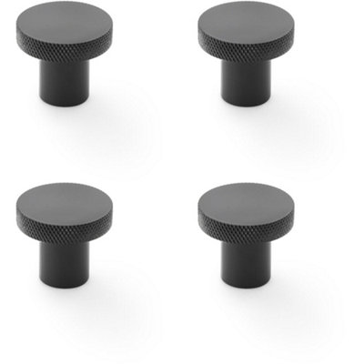 4 PACK - Knurled Round Radio Cupboard Door Knob - 30mm Diameter Matt Black Pull Handle
