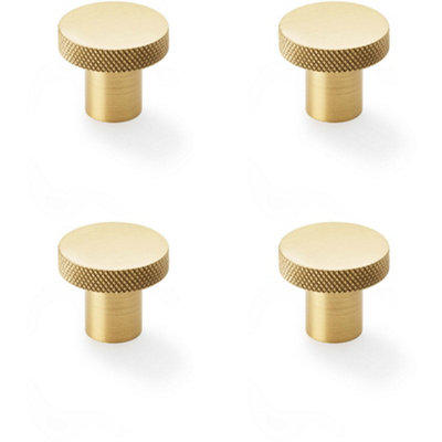 4 PACK - Knurled Round Radio Cupboard Door Knob - 30mm Diameter Satin Brass Pull Handle