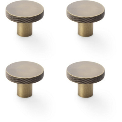 4 PACK - Knurled Round Radio Cupboard Door Knob - 38mm Diameter Antique Brass Pull Handle