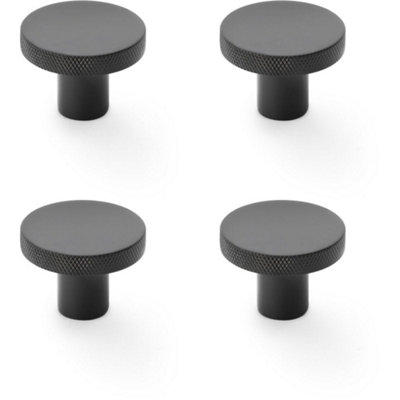 4 PACK - Knurled Round Radio Cupboard Door Knob - 38mm Diameter Matt Black Pull Handle