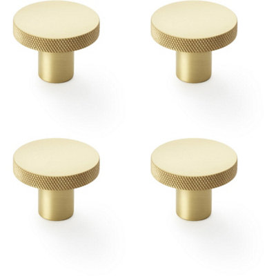4 PACK - Knurled Round Radio Cupboard Door Knob - 38mm Diameter Satin Brass Pull Handle