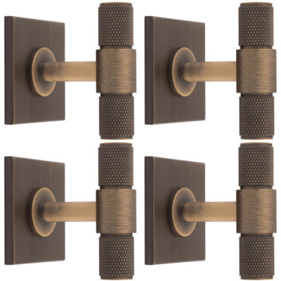 4 PACK - Knurled T Bar Cabinet Door Knob & Matching Backplate - Antique Brass 40 x 40mm