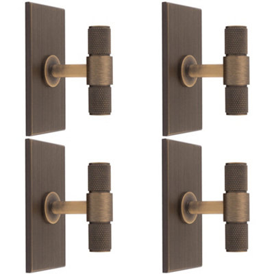 4 PACK - Knurled T Bar Cabinet Door Knob & Matching Backplate - Antique Brass 76 x 40mm