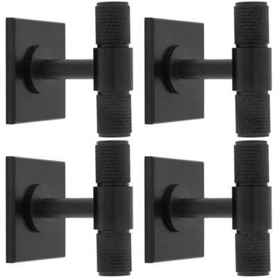 4 PACK - Knurled T Bar Cabinet Door Knob & Matching Backplate - Matt Black 40 x 40mm