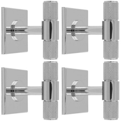 4 PACK - Knurled T Bar Cabinet Door Knob & Matching Backplate - Polished Chrome 40 x 40mm