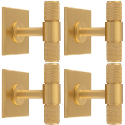 4 PACK - Knurled T Bar Cabinet Door Knob & Matching Backplate - Satin Brass 40 x 40mm