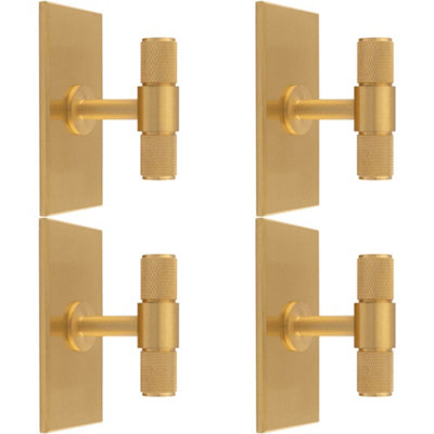 4 PACK - Knurled T Bar Cabinet Door Knob & Matching Backplate - Satin Brass 76 x 40mm