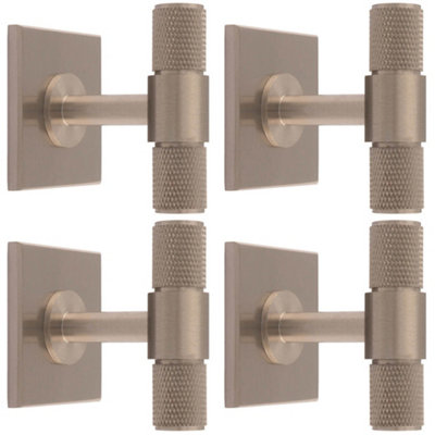 4 PACK - Knurled T Bar Cabinet Door Knob & Matching Backplate - Satin Nickel 40 x 40mm