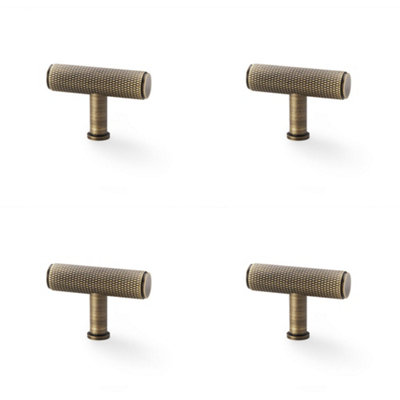 4 PACK - Knurled T Bar Cupboard Door Knob - 55mm x 38mm - Antique Brass Unit Pull Handle
