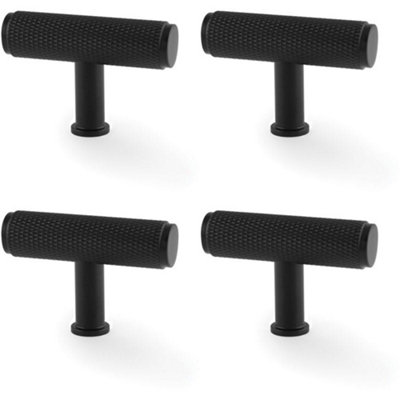 4 PACK - Knurled T Bar Cupboard Door Knob - 55mm x 38mm - Matt Black Unit Pull Handle