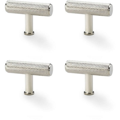 4 PACK - Knurled T Bar Cupboard Door Knob - 55mm x 38mm Polished Nickel Unit Pull Handle