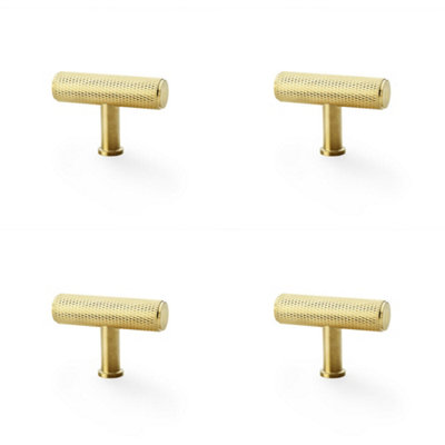 4 PACK - Knurled T Bar Cupboard Door Knob - 55mm x 38mm - Satin Brass Unit Pull Handle