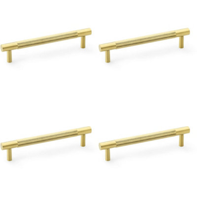 4 PACK - Knurled T Bar Door Pull Handle - Satin Brass - 128mm Centres Premium Drawer