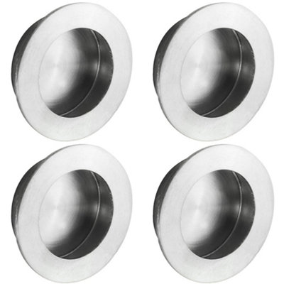 4 PACK - Large Recessed Sliding Door Flush Pull - 80mm Round 12mm Depth Satin Steel