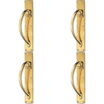4 PACK - Left Handed Curved Door Pull Handle 457mm x 75mm Backplate Polished Brass