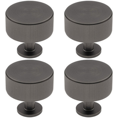 4 PACK - Lined Reeded Radio Door Knob - 35mm - Anthracite Grey Round Cabinet Pull Handle