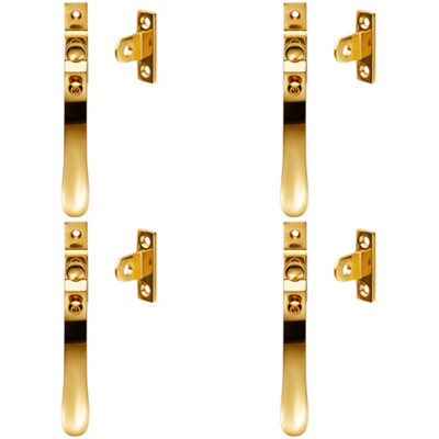 4 PACK - Lockable Victorian Casement Window Fastener Handle - 57mm x 13mm Polished Brass