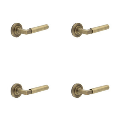 4 PACK Luxurious Antique Brass Door Handle on Reeded Rose for Elegant Interiors - Solid Brass Interior Handle