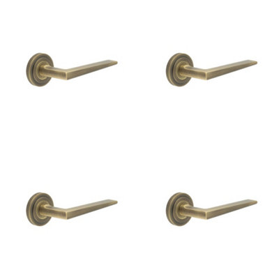 4 PACK Luxurious Antique Brass Door Handle on Stepped Rose Design - Solid Brass Interior Handle