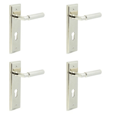 4 PACK Luxurious Door Handle with Din Euro Backplate in Polished Nickel Finish - Solid Brass Interior Handle