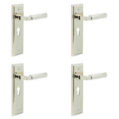 4 PACK Luxurious Euro Backplate Door Handle in Polished Nickel - Solid Brass Interior Lever
