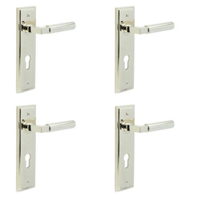 4 PACK Luxurious Polished Nickel Door Handle with Euro Backplate - Solid Brass Interior Lever
