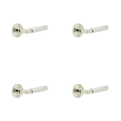 4 PACK Luxurious Polished Nickel Reeded Door Handle with Rose Design - Solid Brass Interior Handle