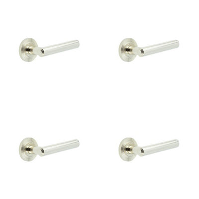 4 PACK Luxurious Reeded Rose Door Handle in Polished Nickel Finish - Solid Brass Interior Handle
