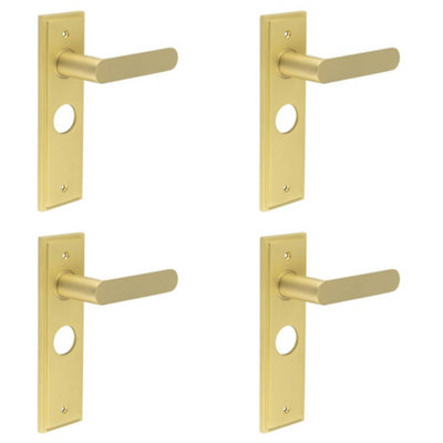 4 PACK Luxurious Satin Brass Bathroom Door Handle with Backplate - Solid Brass Interior Handle