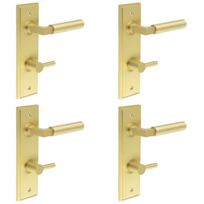 4 PACK Luxurious Satin Brass Door Handle with Bathroom Turn and Release Mechanism - Solid Brass Interior Handle