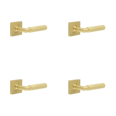 4 PACK Luxurious Satin Brass Door Handle with Square Rose Design - Solid Brass Interior Handle