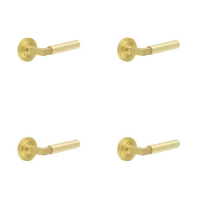 4 PACK Luxurious Satin Brass Door Handle with Stepped Rose Design - Solid Brass Interior Handle