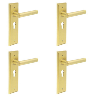 4 PACK Luxurious Satin Brass Euro Door Handle with Backplate - Solid Brass Interior Lever