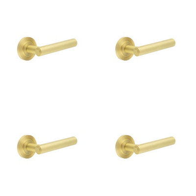 4 PACK Luxurious Satin Brass Reeded Door Handle with Customizable Roses - Solid Brass Interior Handle