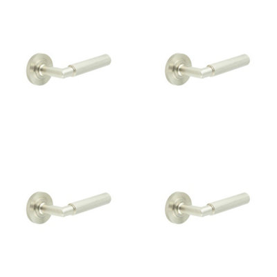 4 PACK Luxurious Satin Nickel Door Handle with Knurled Rose Design - Solid Brass Interior Handle