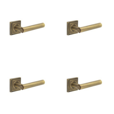4 PACK Luxurious Square Stepped Antique Brass Door Handle for Any Home - Solid Brass Interior Handle