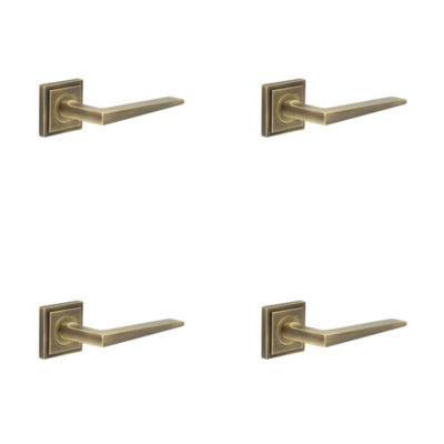 4 PACK Luxury Antique Brass Door Handle on Square Stepped Rose for Elegant Interiors - Solid Brass Interior Handle