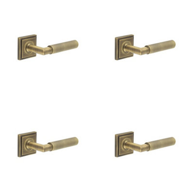 4 PACK Luxury Antique Brass Door Handle on Stepped Square Rose - Solid Brass Interior Handle