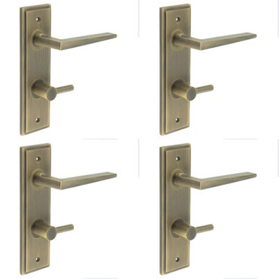 4 PACK Luxury Antique Brass Door Handle with Turn Release for Bathrooms - Solid Brass Interior Handle