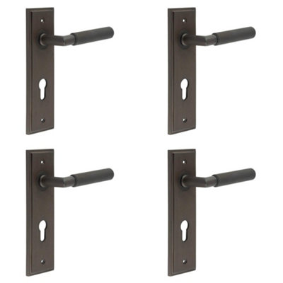 4 PACK Luxury Dark Bronze Euro Backplate Door Handle with Knurled Detail - Solid Brass Interior Handle