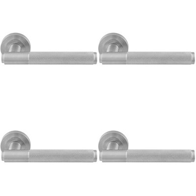 4 PACK - Luxury Knurled Door Handle Set - Satin Chrome Angled Lever on Round Rose