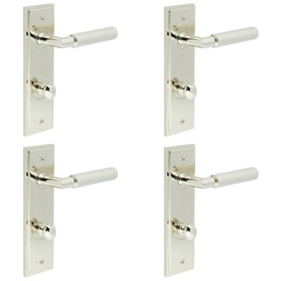 4 PACK Luxury Polished Nickel Bathroom Door Handle with Backplate and Turn Release - Solid Brass Interior Handle