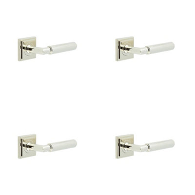 4 PACK Luxury Polished Nickel Door Handle on Square Stepped Rose - Solid Brass Interior Handle